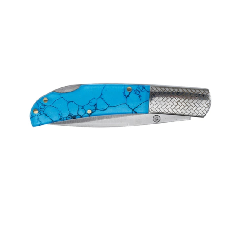 Folding knife with blue marbled handle on a white background