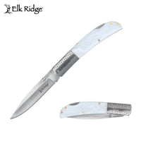 Elk Ridge knife with white handle and silver blade on a white background