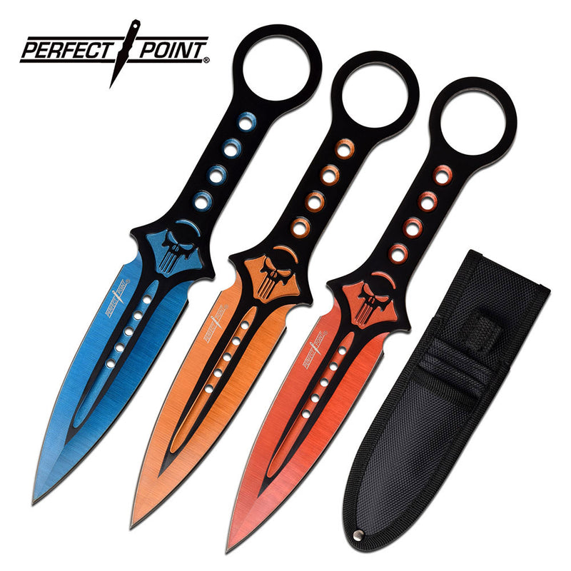 Perfect Point Blue, Orange And Red Skull Throwing Knives